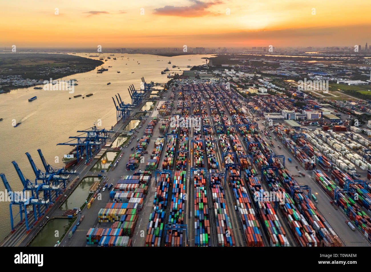 Top view aerial of Cat Lai port container, Ho Chi Minh City with  development buildings, transportation, energy power infrastructure. Vietnam  Stock Photo - Alamy