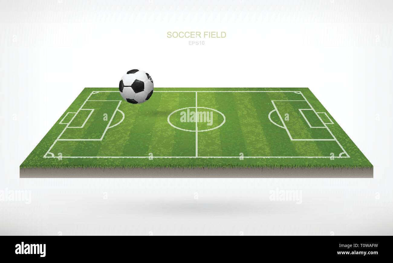 Soccer football ball in soccer field area and white background. Green