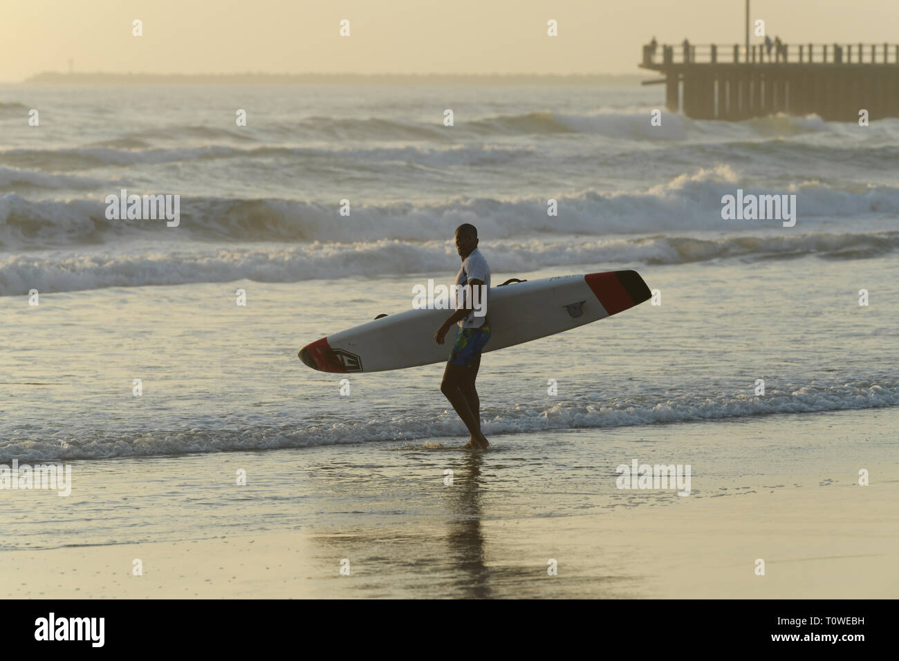 Durban, KwaZulu-Natal, South Africa, silhouette, single adult man walking with paddle board in surf on beach, sport, life-saving, people, landscape Stock Photo
