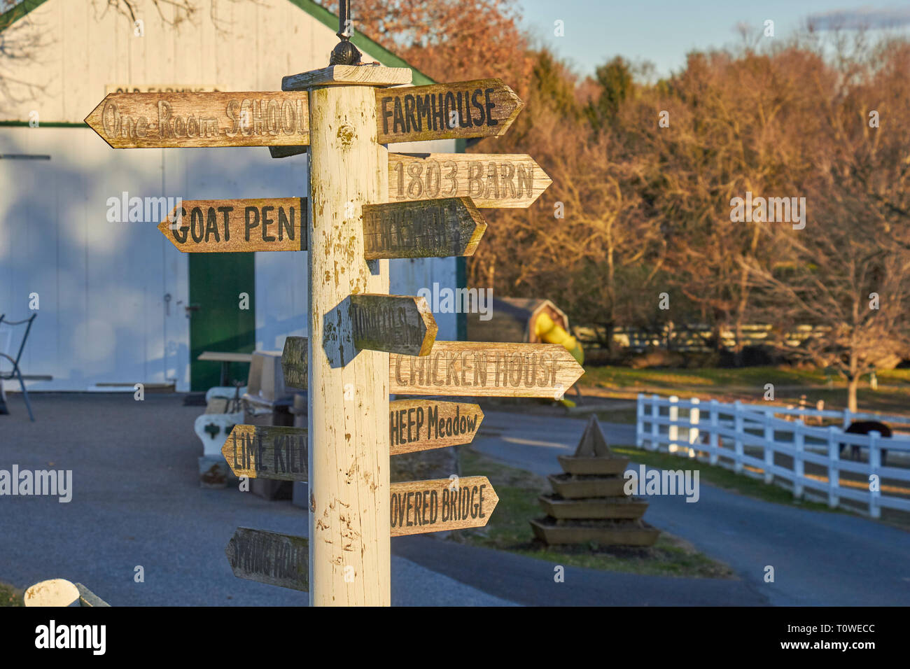 Directions signs on the grounds of the Amish Farm and House, Lancaster County, Pennsylvania, USA