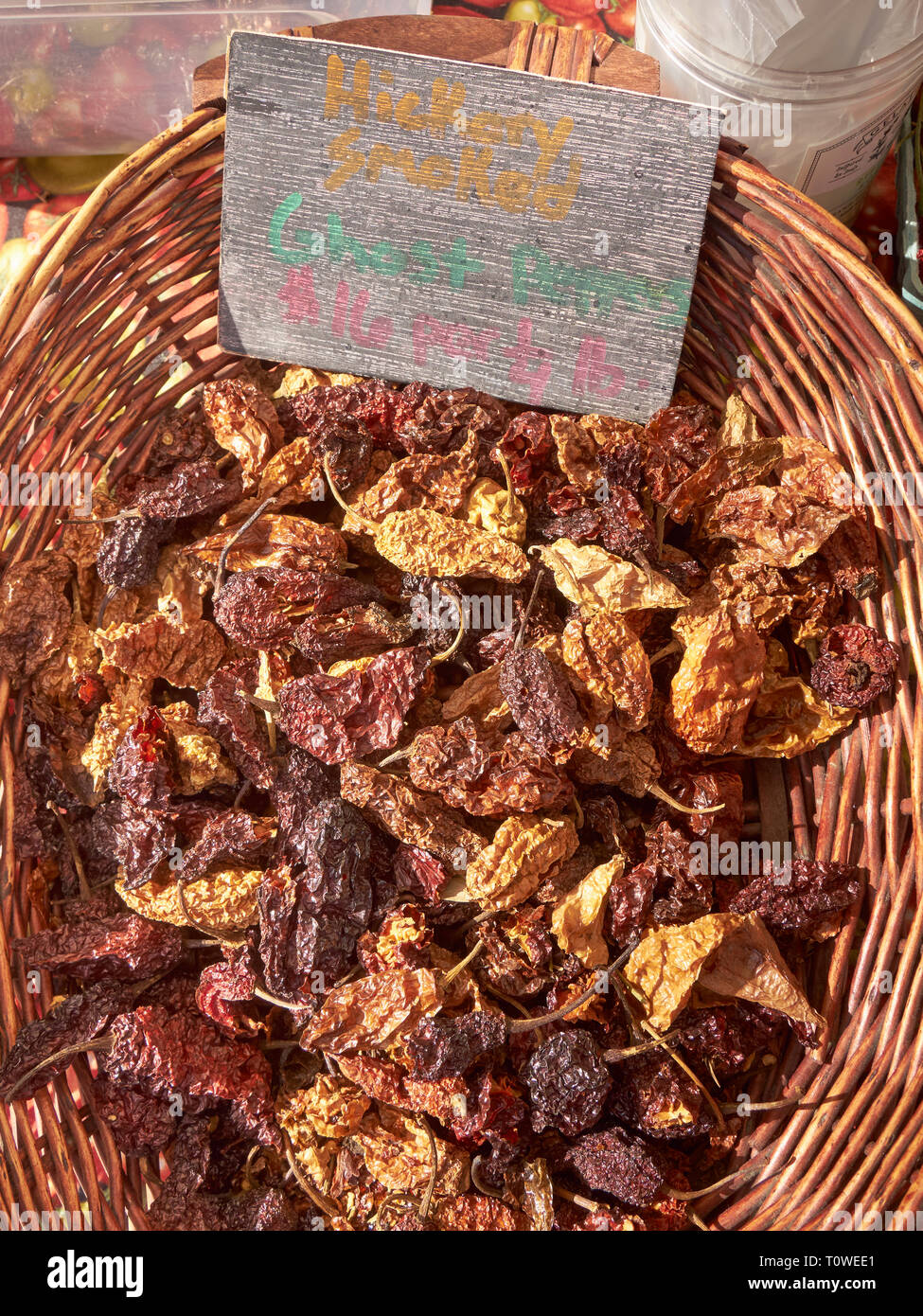 Dried peppers on sale at the Union Square Greenmarket in Manhattan, New York, USA Stock Photo