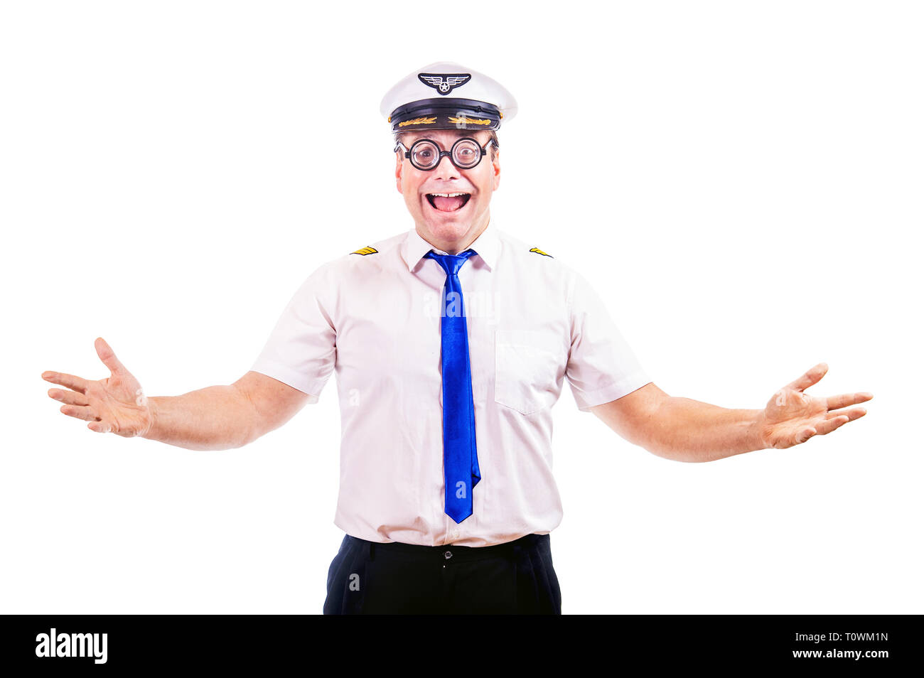 Funny cheerful pilot with glasses,  isolated on white background. Crazy captain of air plane with white shirt uniform. Stock Photo