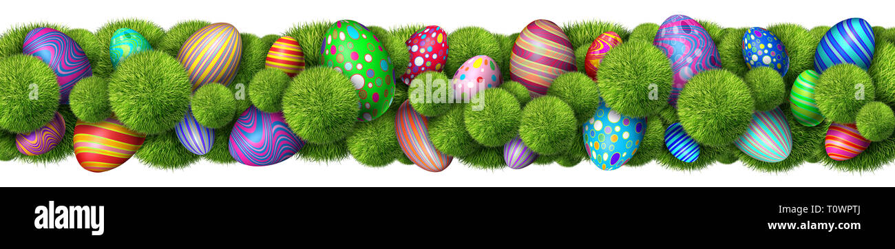 Easter decoration horizontal banner border with vintage decorative festive spring season decorated colourful eggs and abstract green grass. Stock Photo
