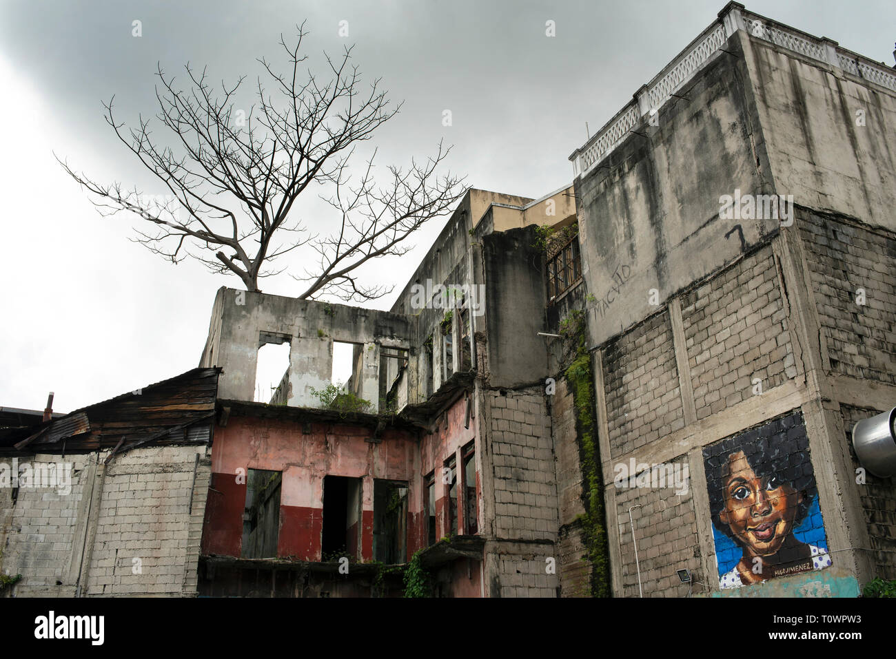 Abandoned residential building with a tree growing inside. Derelict street scene in Casco Viejo (Casco Antiguo). Panama City, Panama. Oct 2018 Stock Photo