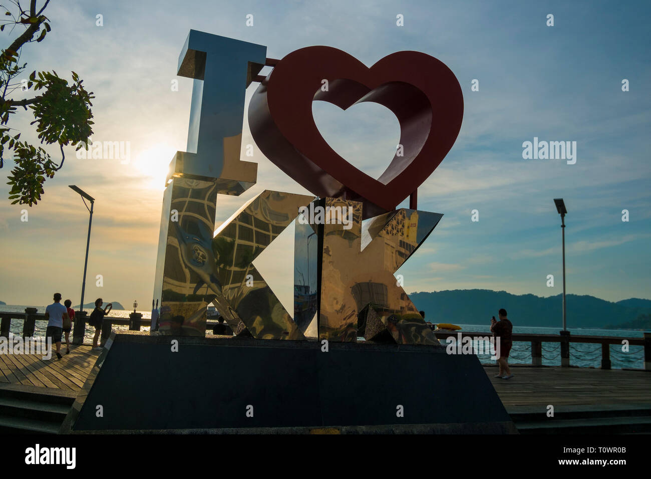 An I Love KK scuplture is located on the seaside promendae in Kota Kinabalu, Sabah, Borneo, Malaysia. Stock Photo