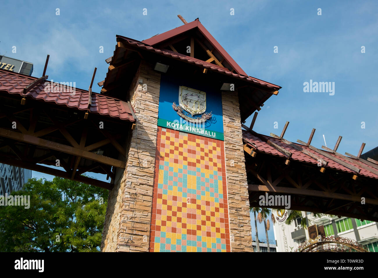 The gate to the city, decorated in traditional motifs, in Kota Kinabalu, Sabah, Borneo, Malaysia. Stock Photo