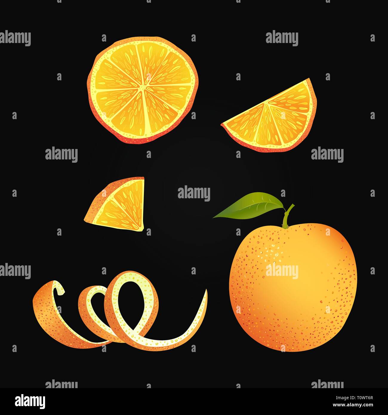 Vector illustration. Set of parts of orange. Stock Vector