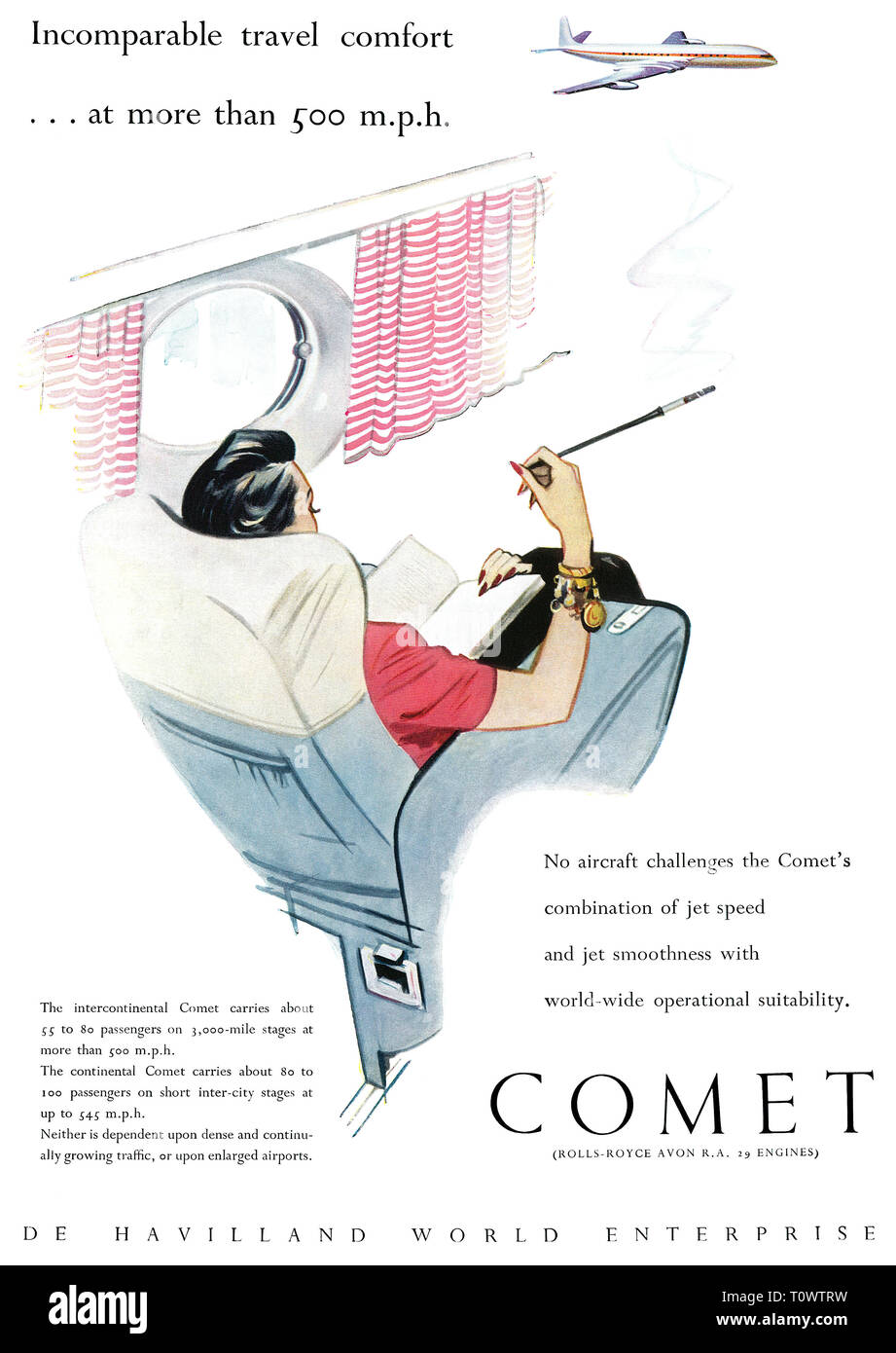 1957 British advertisement for the de Havilland Comet jet airliner. Stock Photo