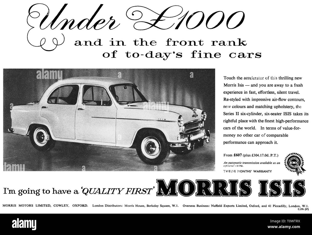 1957 British advertisement for the Morris Isis motor car. Stock Photo