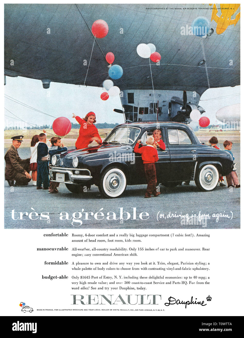 1958 U.S. advertisement for the Renault Dauphine automobile. Stock Photo