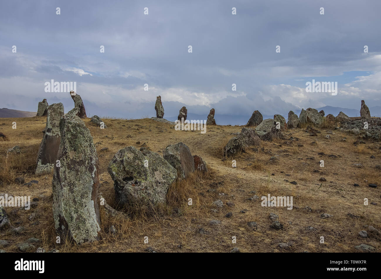 Big megalithic menhirs of Zorats Karer (Carahunge) - prehistory megalithic monument in Armenia Stock Photo