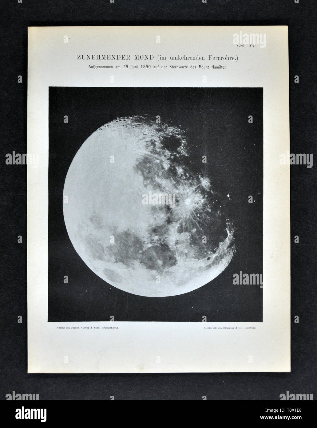 1894 Muller Astronomy Photo of the Moon through a Telescope taken from the Mount Hamilton Observatory on June 29, 1890 Stock Photo