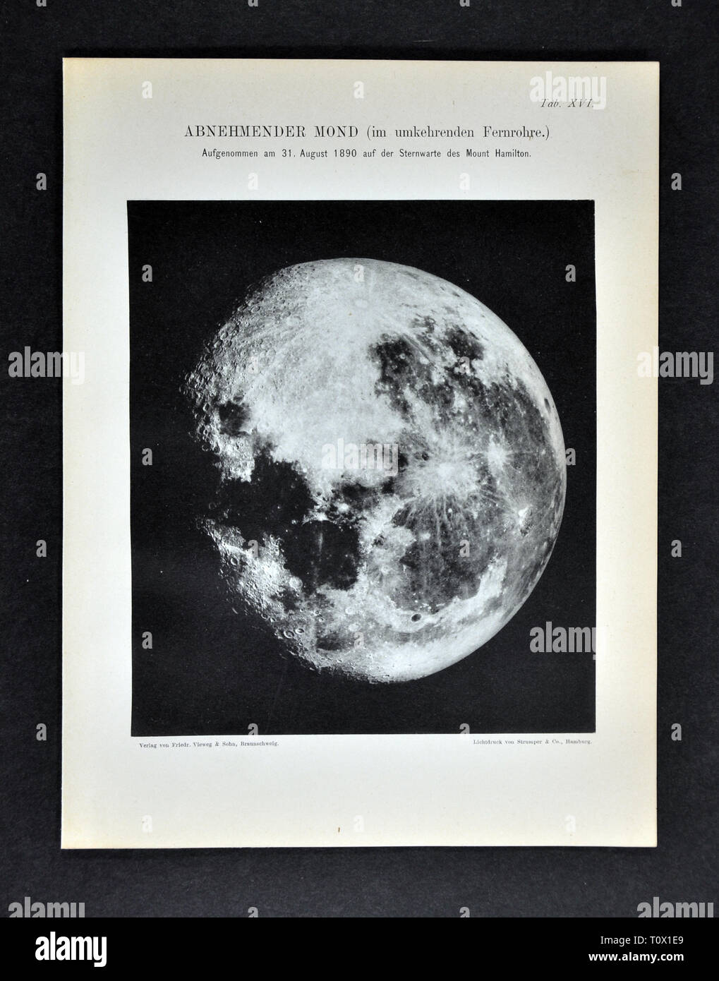 1894 Muller Astronomy Photo of the Moon through a Telescope taken from the Mount Hamilton Observatory on June 29, 1890 Stock Photo