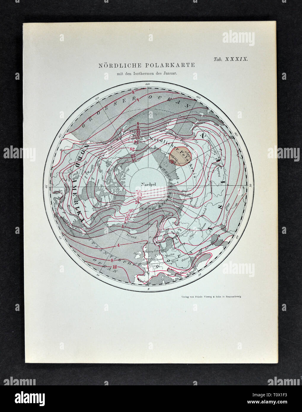 1894 Muller Weather Map of the Arctic South Pole showing the Isothermic Temperature during January and the Polar Vortex over Siberia Stock Photo