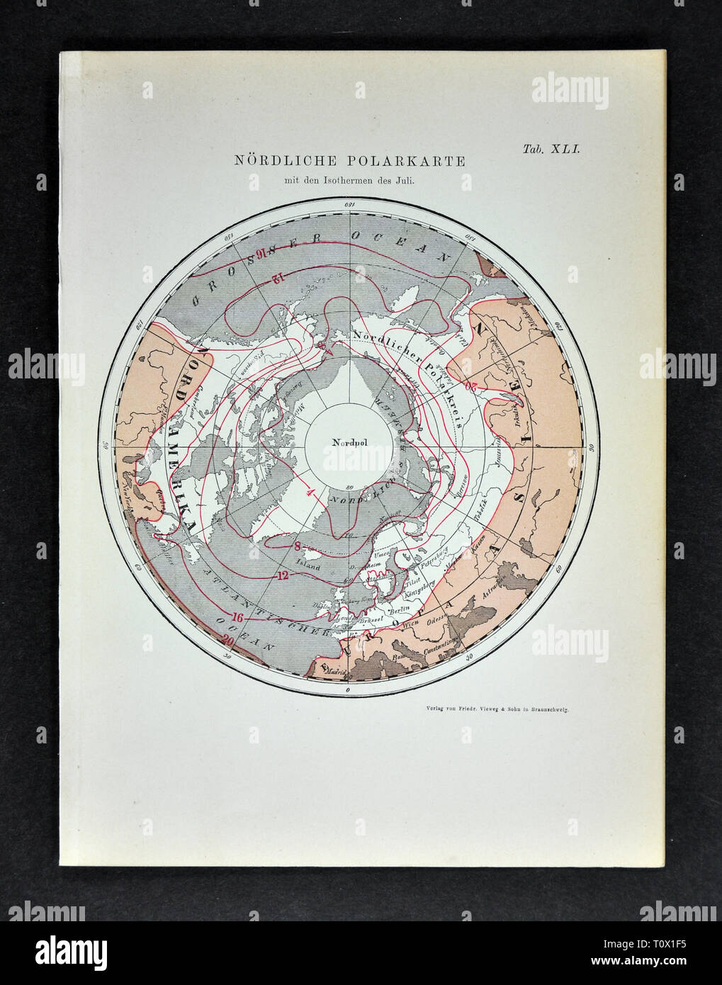 1894 Muller Weather Map of the Arctic South Pole showing Isothermal lines in July of 1885 Stock Photo