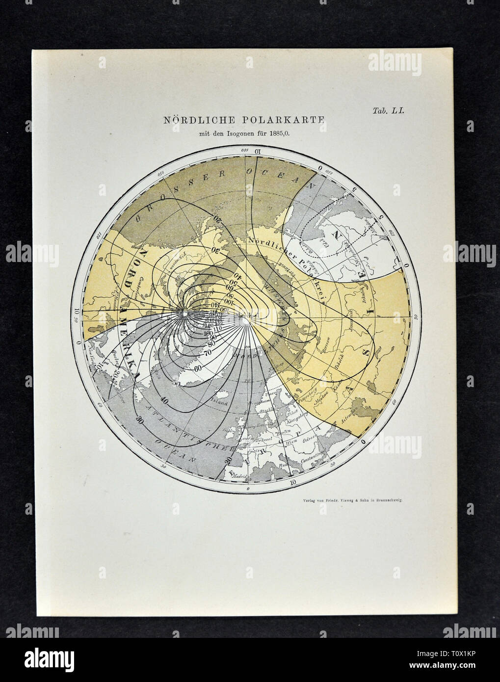 1894 Muller Map of the Arctic South Pole showing the Magnetic Isogonic Lines in the Year 1885 Stock Photo