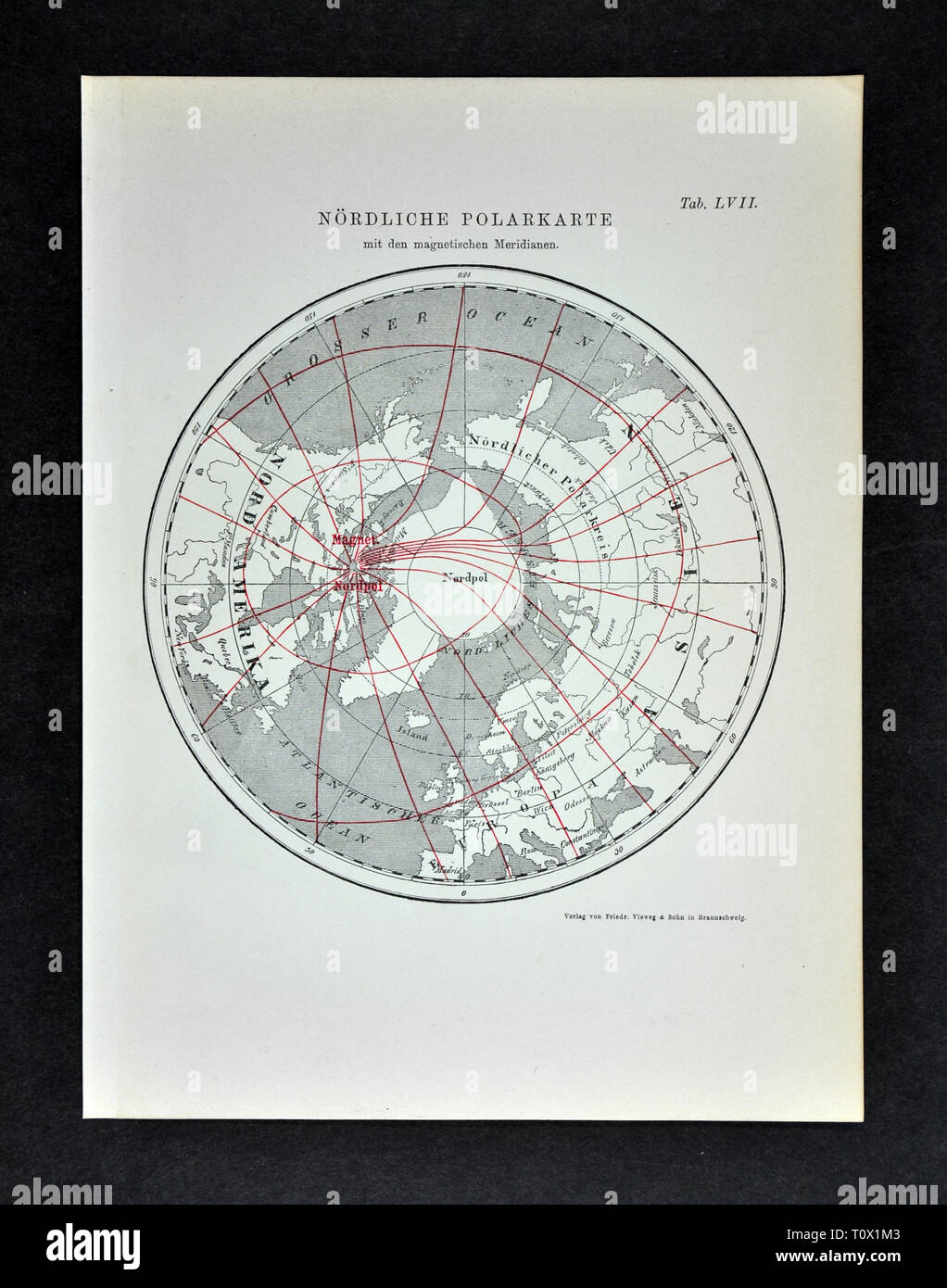 1894 Muller Map of the Arctic South Pole showing the Magnetic Isoclinic Lines in 1885 Stock Photo