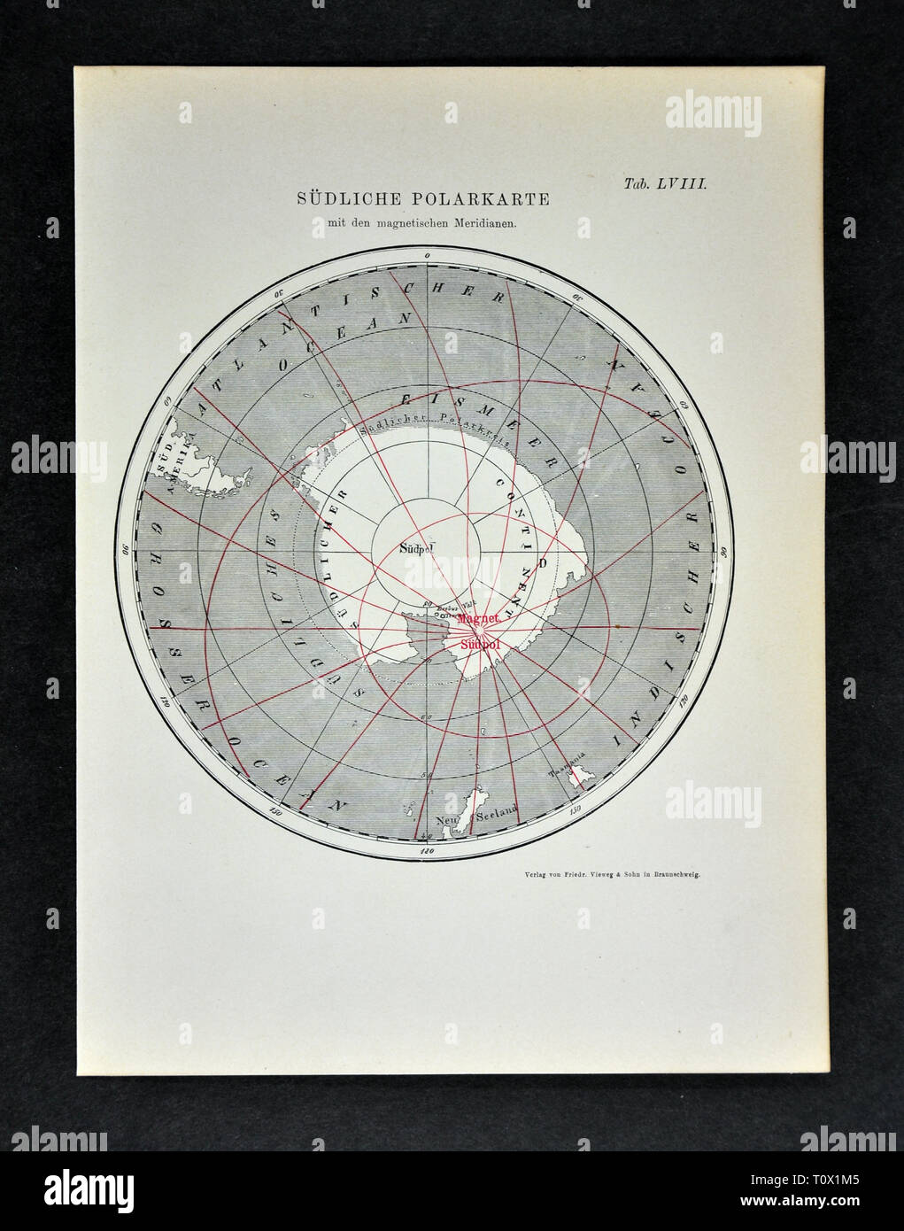 1894 Muller Map of Antarctica showing the South Pole Magnetic Meridians Stock Photo