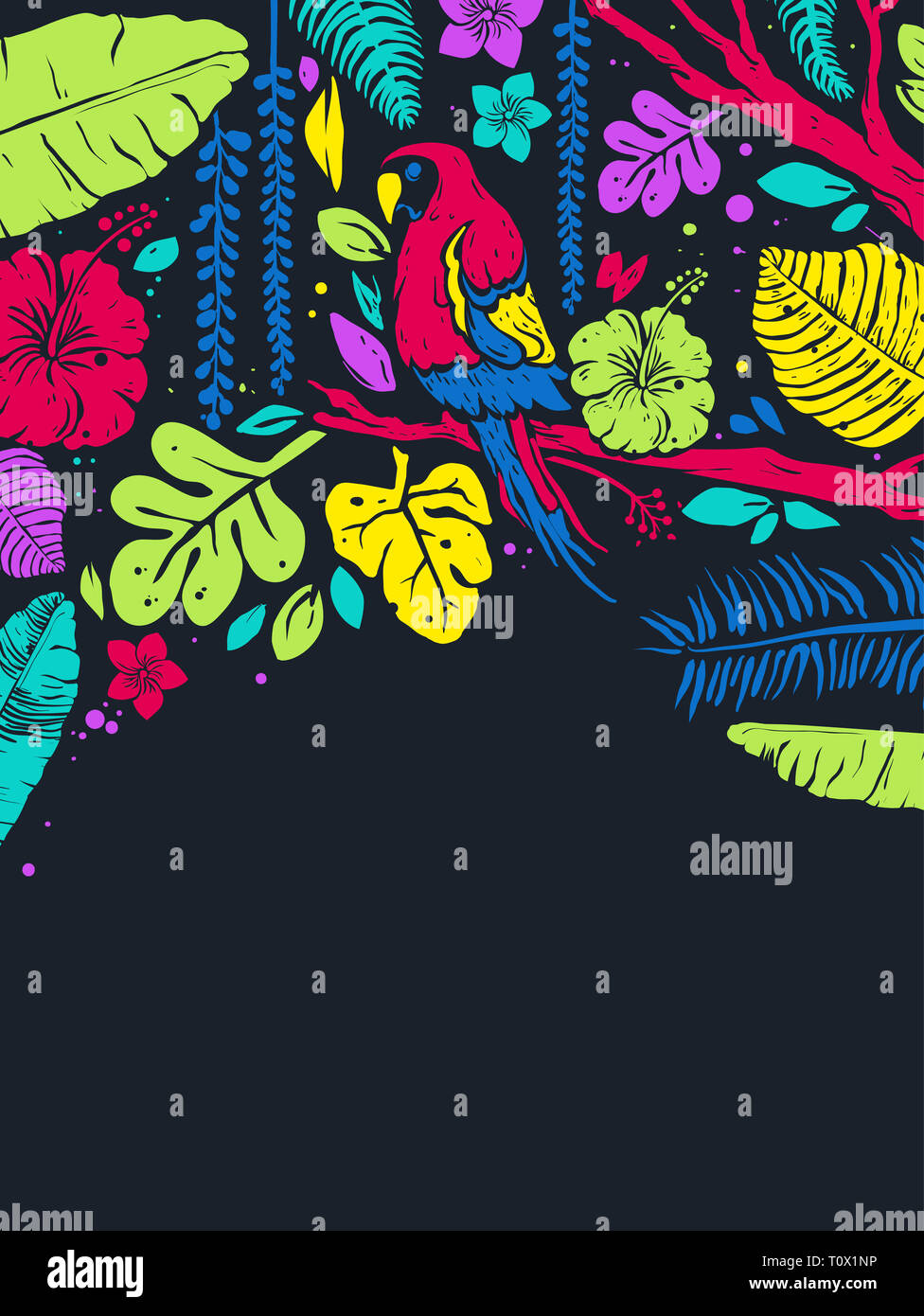 Background Illustration of a Parrot Among Tropical Leaves and Flowers ...