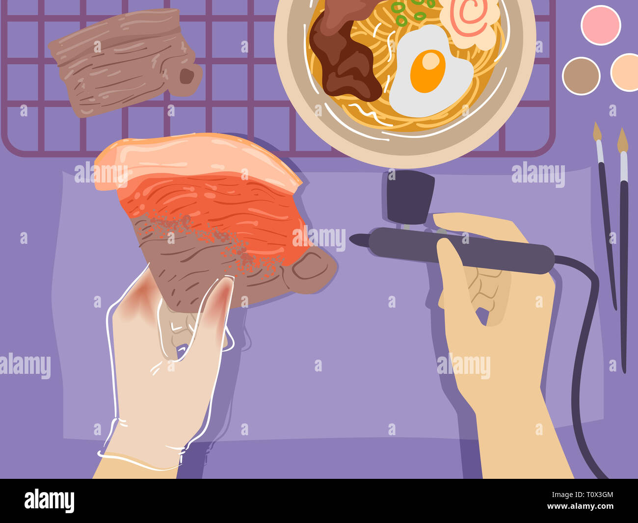 Illustration of Hands Holding Airbrush for Painting Fake Food as Props Stock Photo