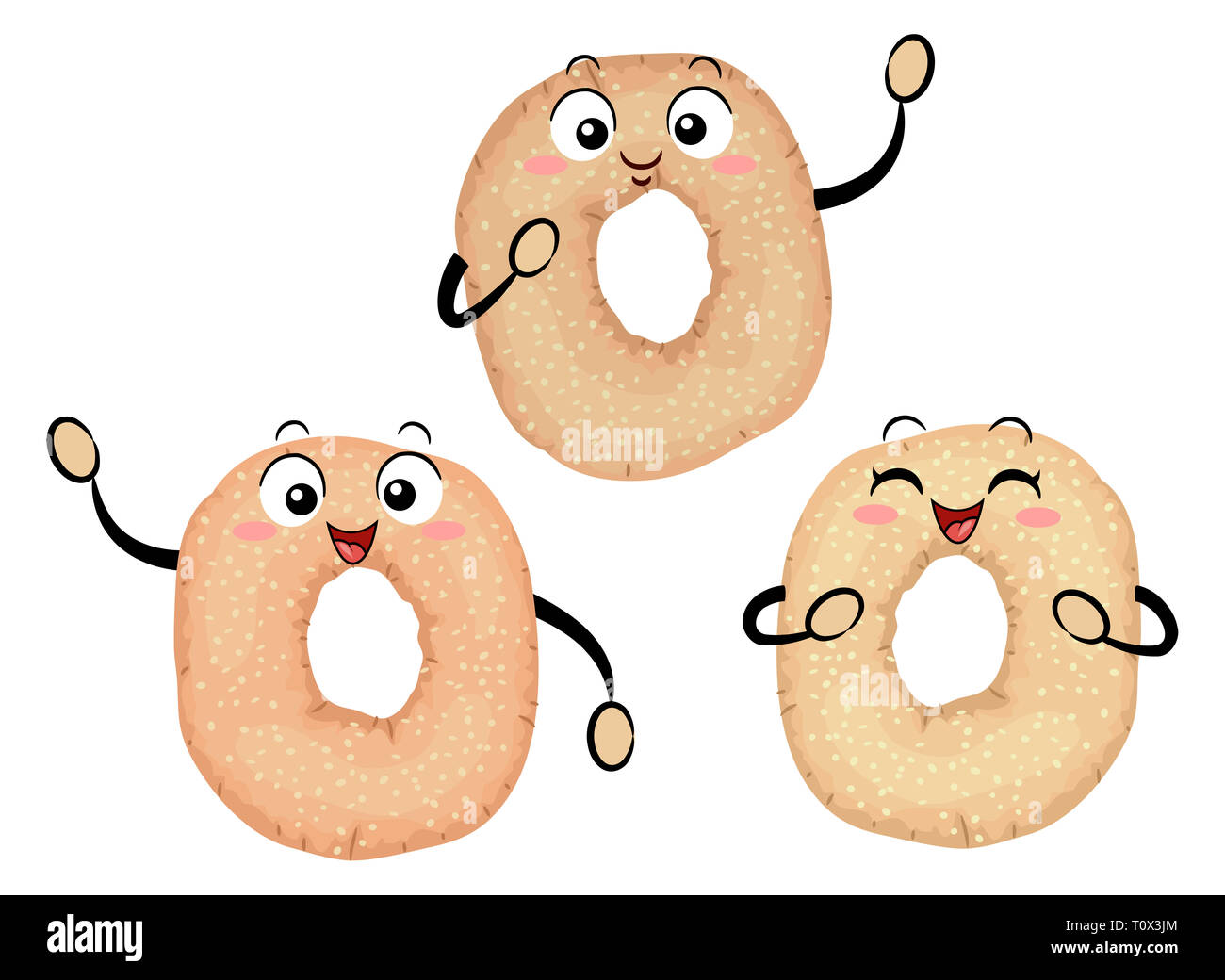 Illustration of Three Montreal Style Bagels Mascots Stock Photo