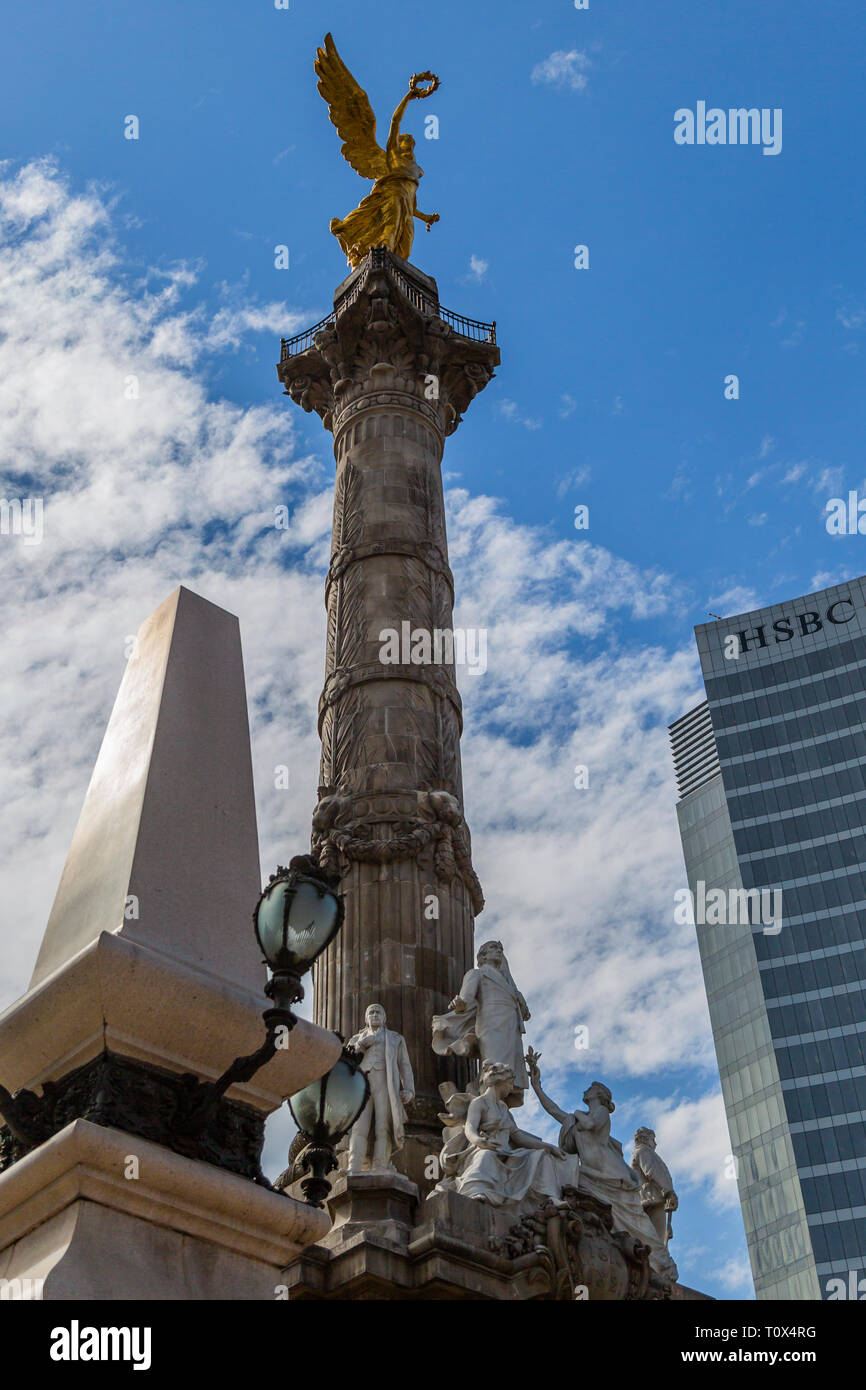 Angel of Independence monument, inaugurated in 1910 and in the heart of Mexico City, pays tribute to the heroes of Mexico’s Independence. Stock Photo