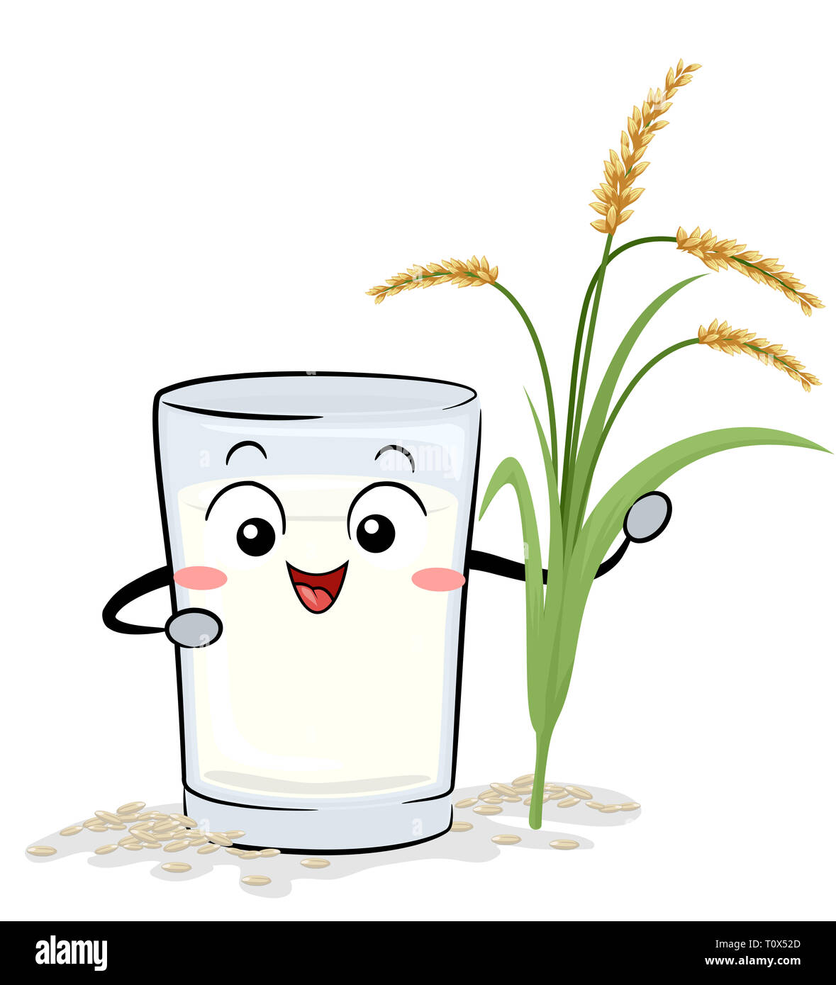 Illustration of a Glass of Rice Milk Mascot Holding Rice Plant with ...