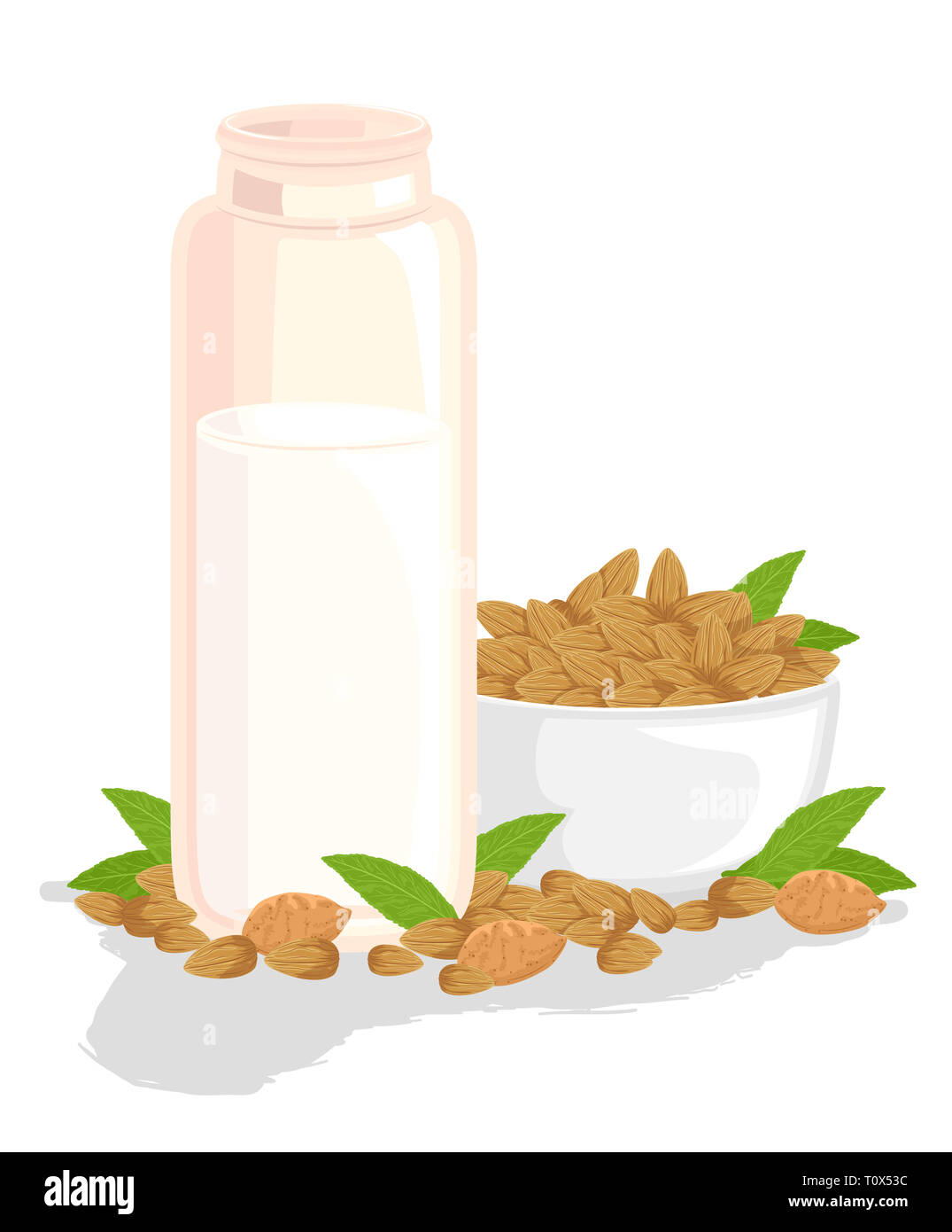 Illustration of Almond Milk on Container with a Bowl of Almonds Stock