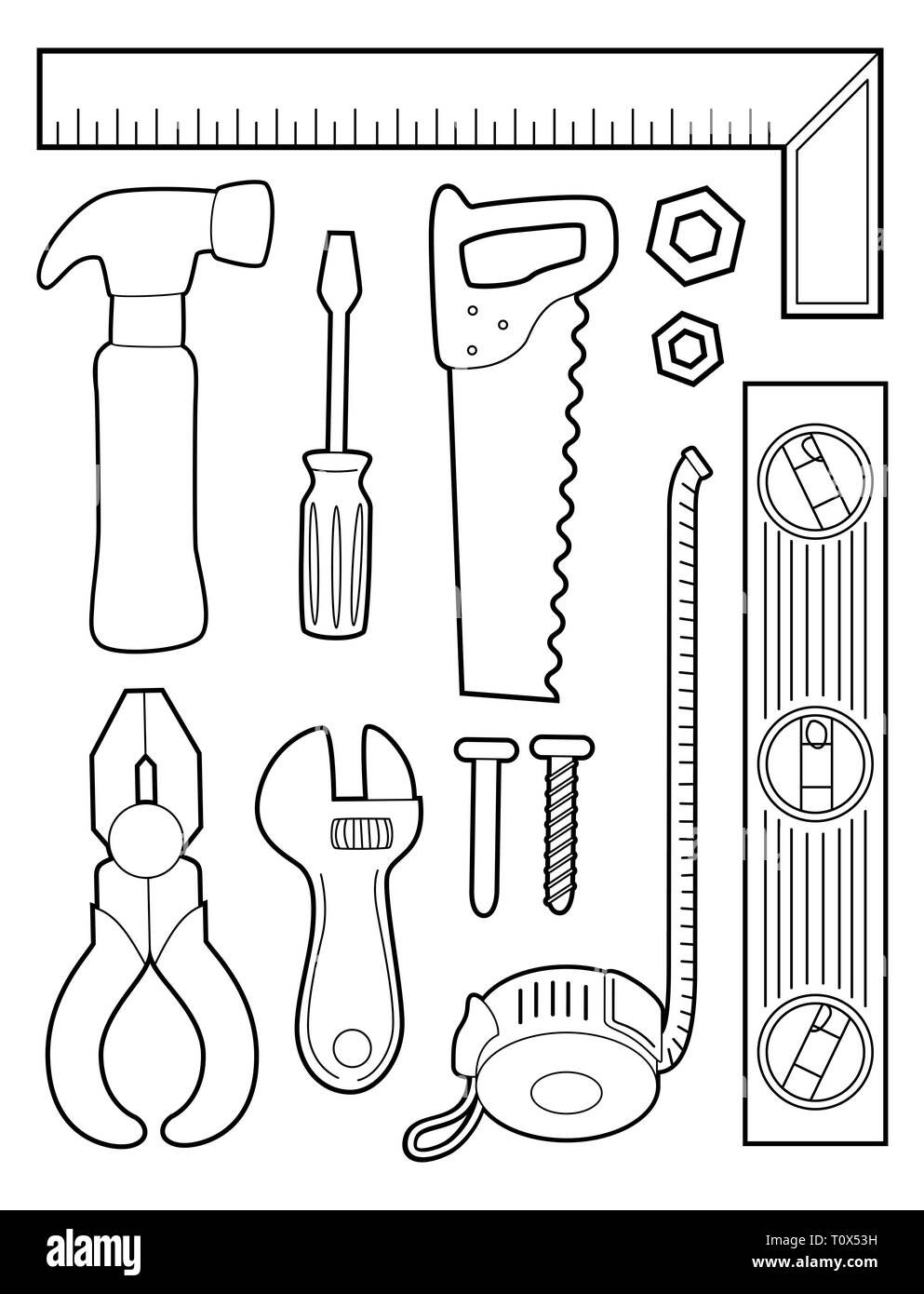 Illustration of a Coloring Page of Different Construction Tools from Ruler, Hammer, Screwdriver, Saw, Pliers to Measuring Tape Stock Photo