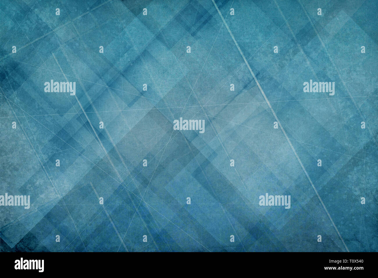 abstract blue background with layers of white diamond and triangle shapes with random lines and scratch mark grunge texture Stock Photo