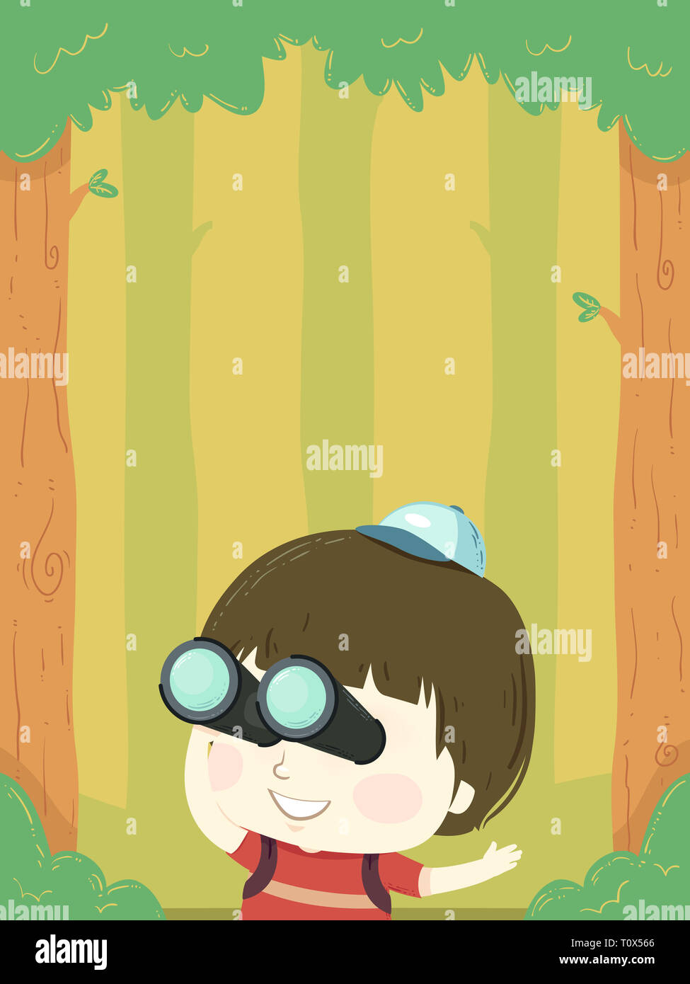 Illustration of a Kid Boy Using Binoculars in the Forest for