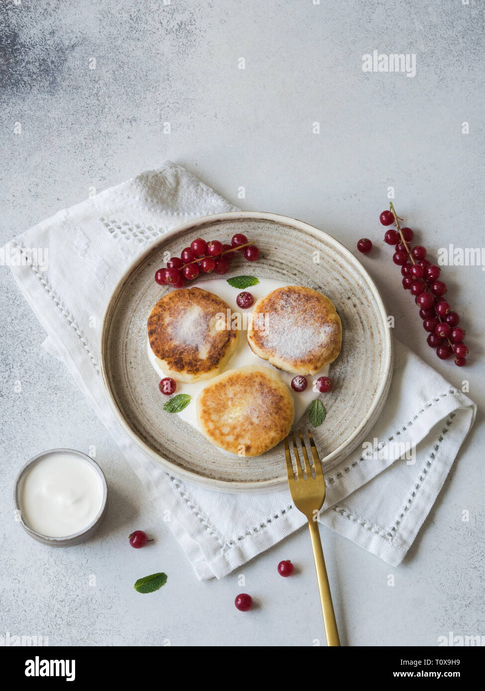 Homemade cheese cakes from cottage cheese served on a white ceramic plate with mint, sour cream and red currant on a grey background. Stock Photo