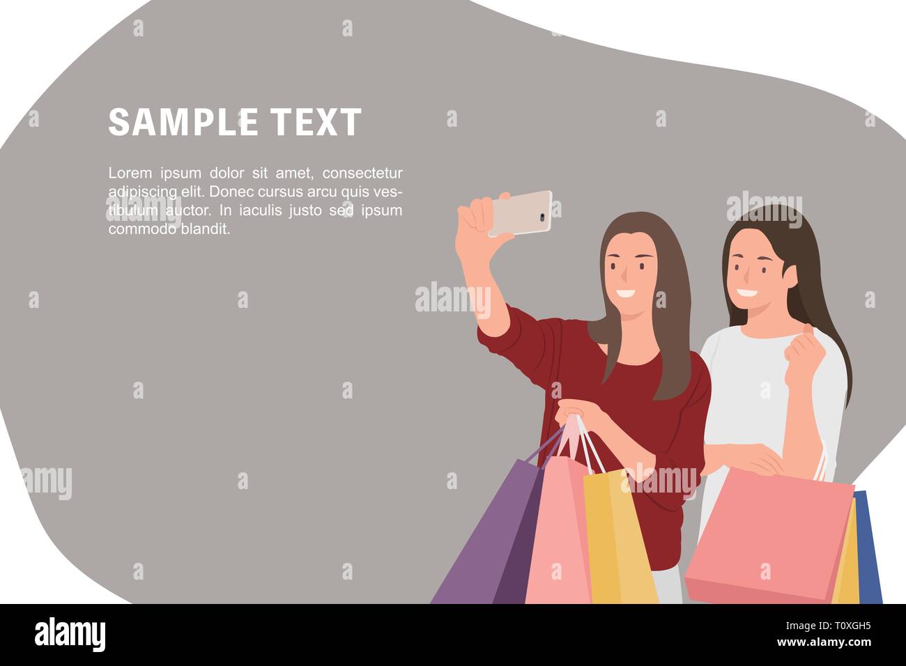 Cartoon People Character Design Banner Template Female Friends Shopping And Taking Selfie Photos Happily Ideal For Both Print And Web Design Stock Vector Image Art Alamy