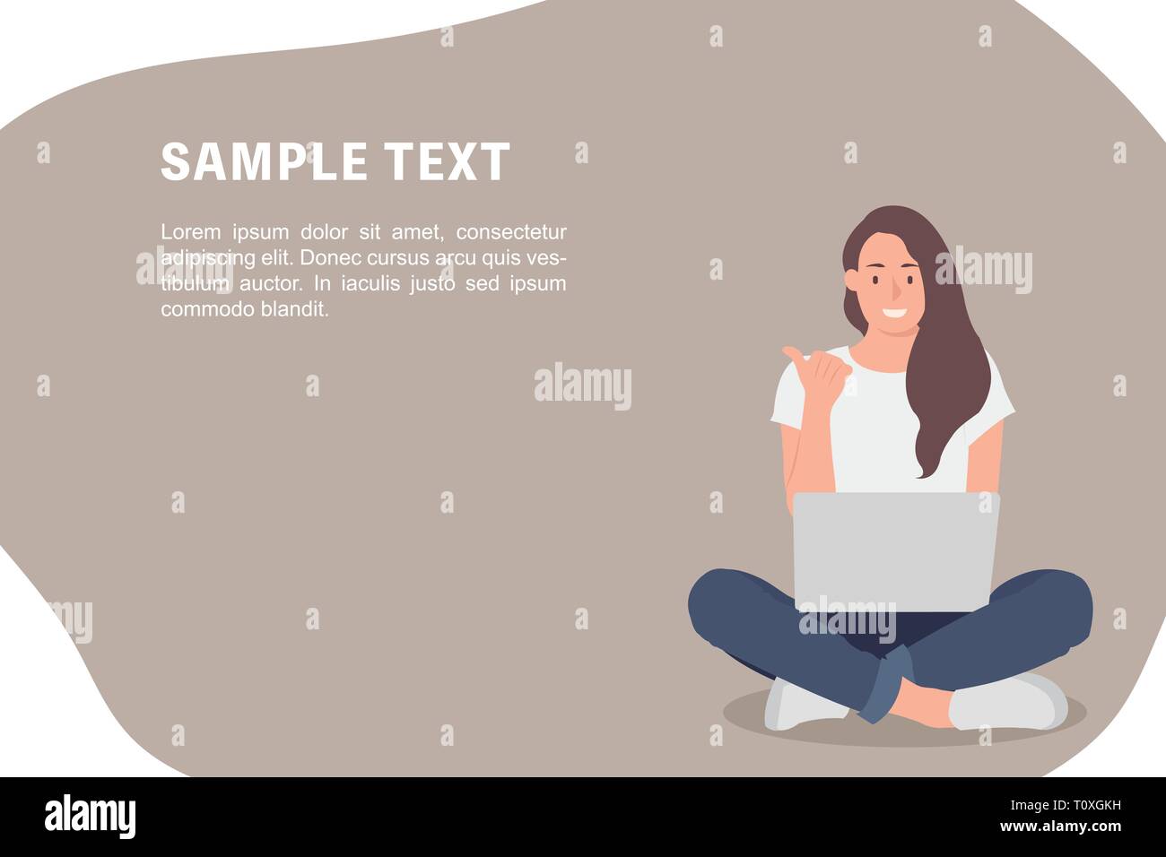 Cartoon people character design banner template woman working on laptop while sitting on the floor with crossed legs and point finger away. Ideal for  Stock Vector