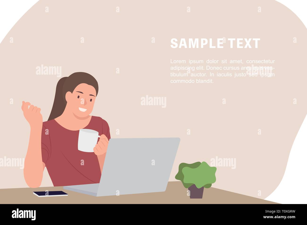 Cartoon people character design banner template young woman holding coffee cup sitting in front of desk using laptop. Ideal for both print and web des Stock Vector