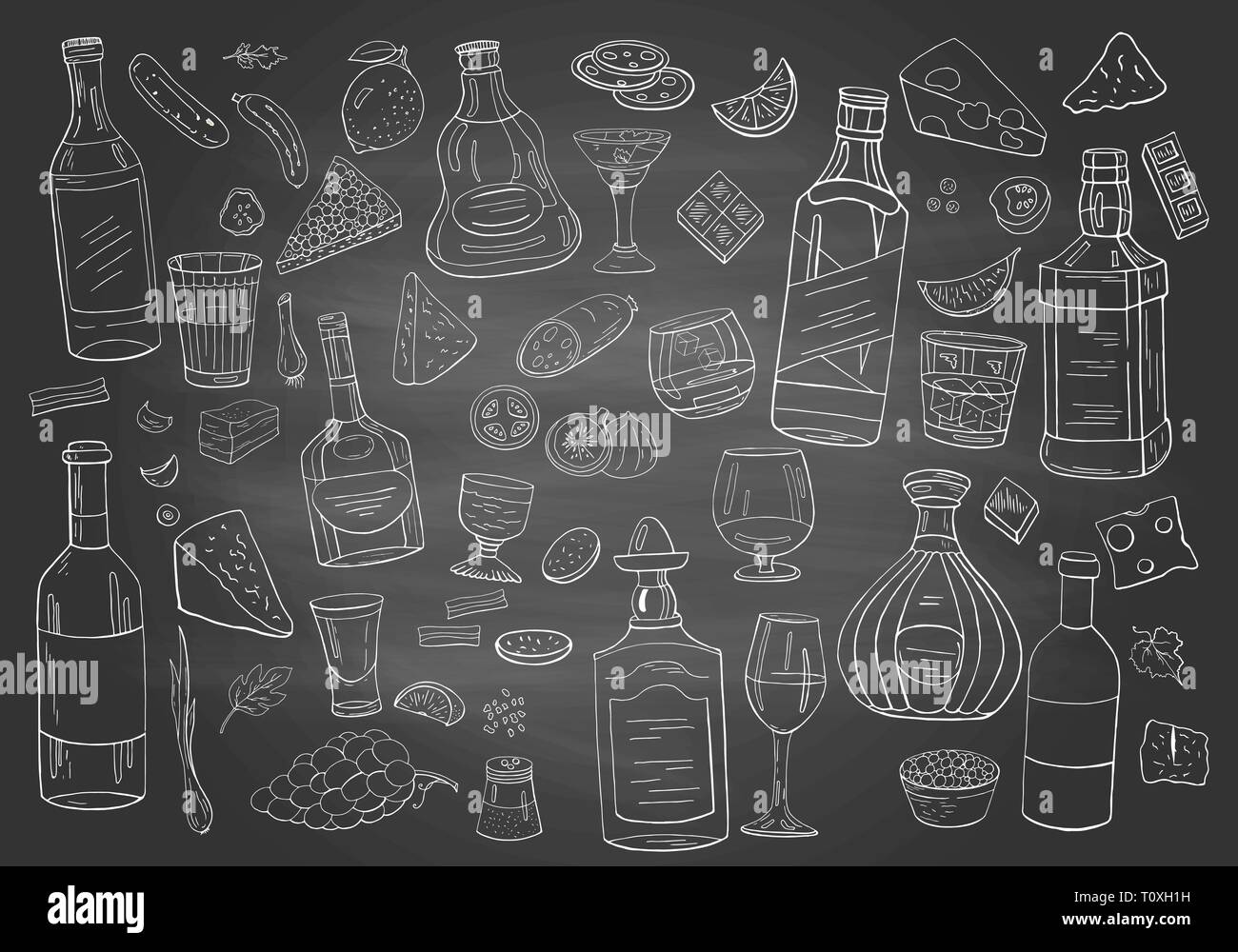 Vintage alcohol and drinks on chalboard. Different alcohol collection Stock Vector