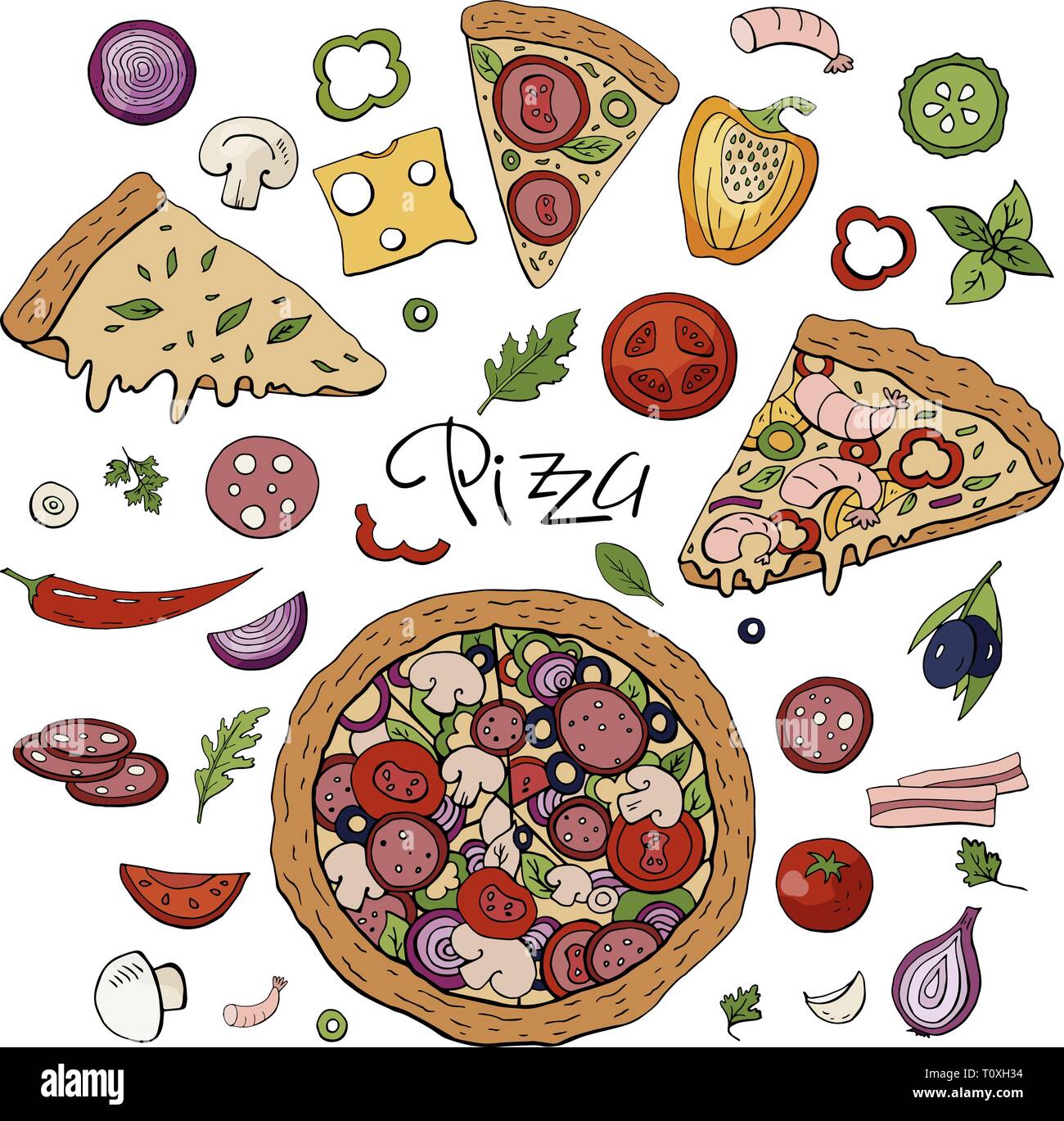 Italian pizza and vegetables isolated on white background Stock Vector