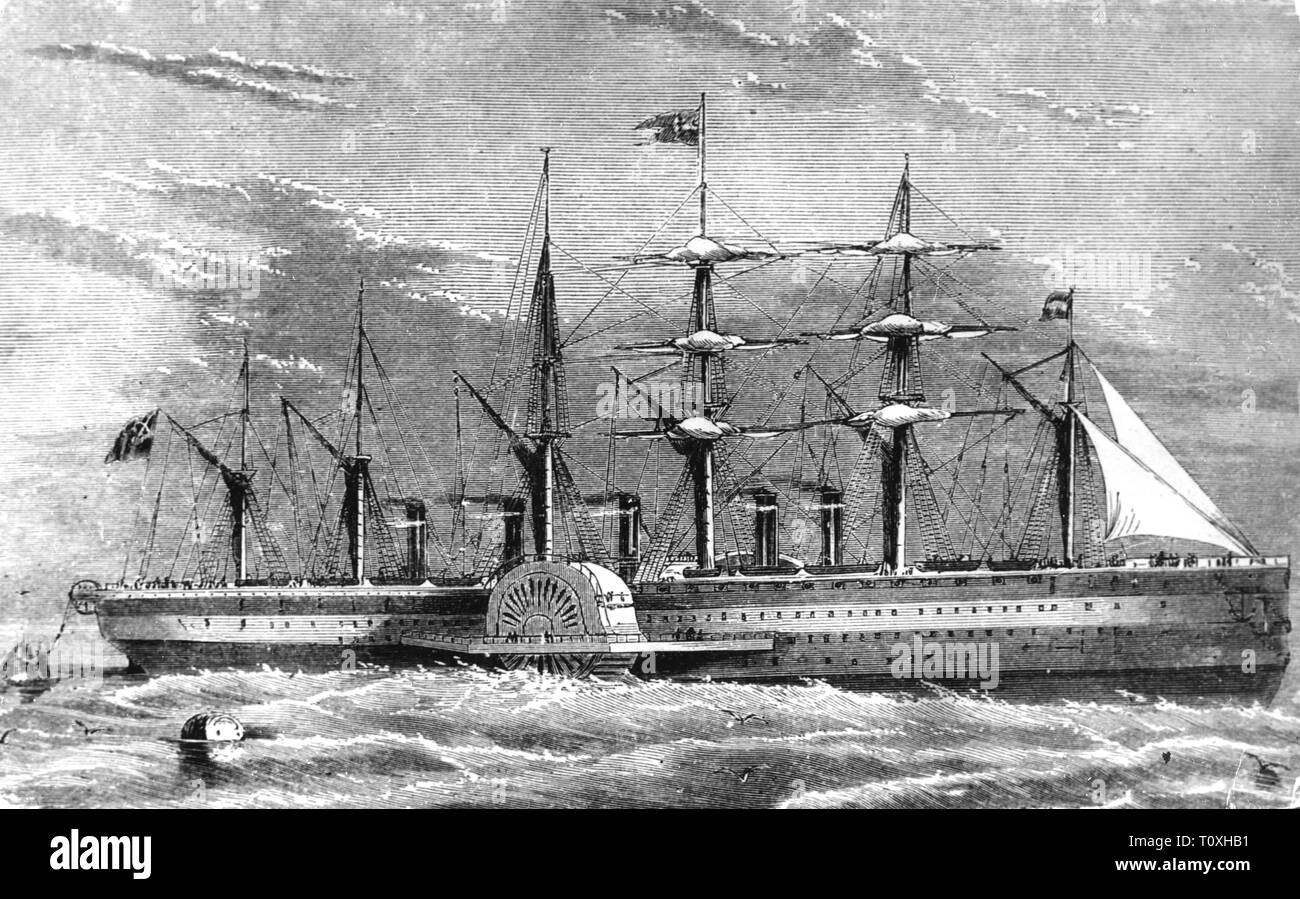 transport / transportation, navigation, steamship, sail steamer SS 'Great Eastern', designed by Isambard Kingdom Brunel, built by J. Scott Russell and Co., Millwall, view, wood engraving, circa 1860, Additional-Rights-Clearance-Info-Not-Available Stock Photo
