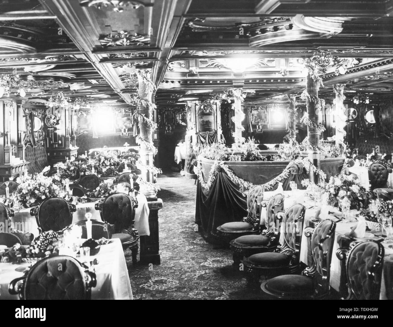 transport / transportation, navigation, steamships, inside, passenger ship 'Augusta Victoria' of the HAPAG, dining hall, circa 1895, Additional-Rights-Clearance-Info-Not-Available Stock Photo