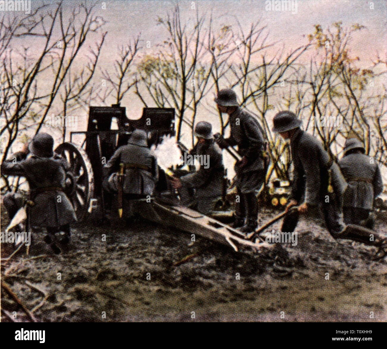 First World War / WWI, Western front, German artillery in the Champagne, November 1918, coloured photograph, cigarette card, series 'Die Nachkriegszeit', 1935, soldiers, soldier, army, armies, gunner, gunners, artilleryman, artillerymen, gun, guns, fieldpiece, front, fronts, France, Germany, German Empire, Imperial Era, people, 20th century, 1930s, world war, world wars, coloured, colored, post war period, post-war period, post-war years, post-war era, historic, historical, Additional-Rights-Clearance-Info-Not-Available Stock Photo