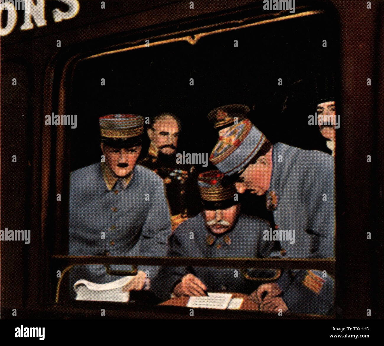 First World War / WWI, Western front, Armistice of Compiègne, French marshal Ferdinand Foch is signing the agreement, 11.11.1918, coloured photograph, cigarette card, series 'Die Nachkriegszeit', 1935, railway carriage, railway carriages, railway, railroad, railways, railroads, saloon carriage, window, windows, military, officers, officer, signing of the agreement, execution of the contract, end of the war, war's end, Compiegne, France, Germany, German Reich, Weimar Republic, people, 20th century, 1930s, world war, world wars, armistice, cease-fi, Additional-Rights-Clearance-Info-Not-Available Stock Photo