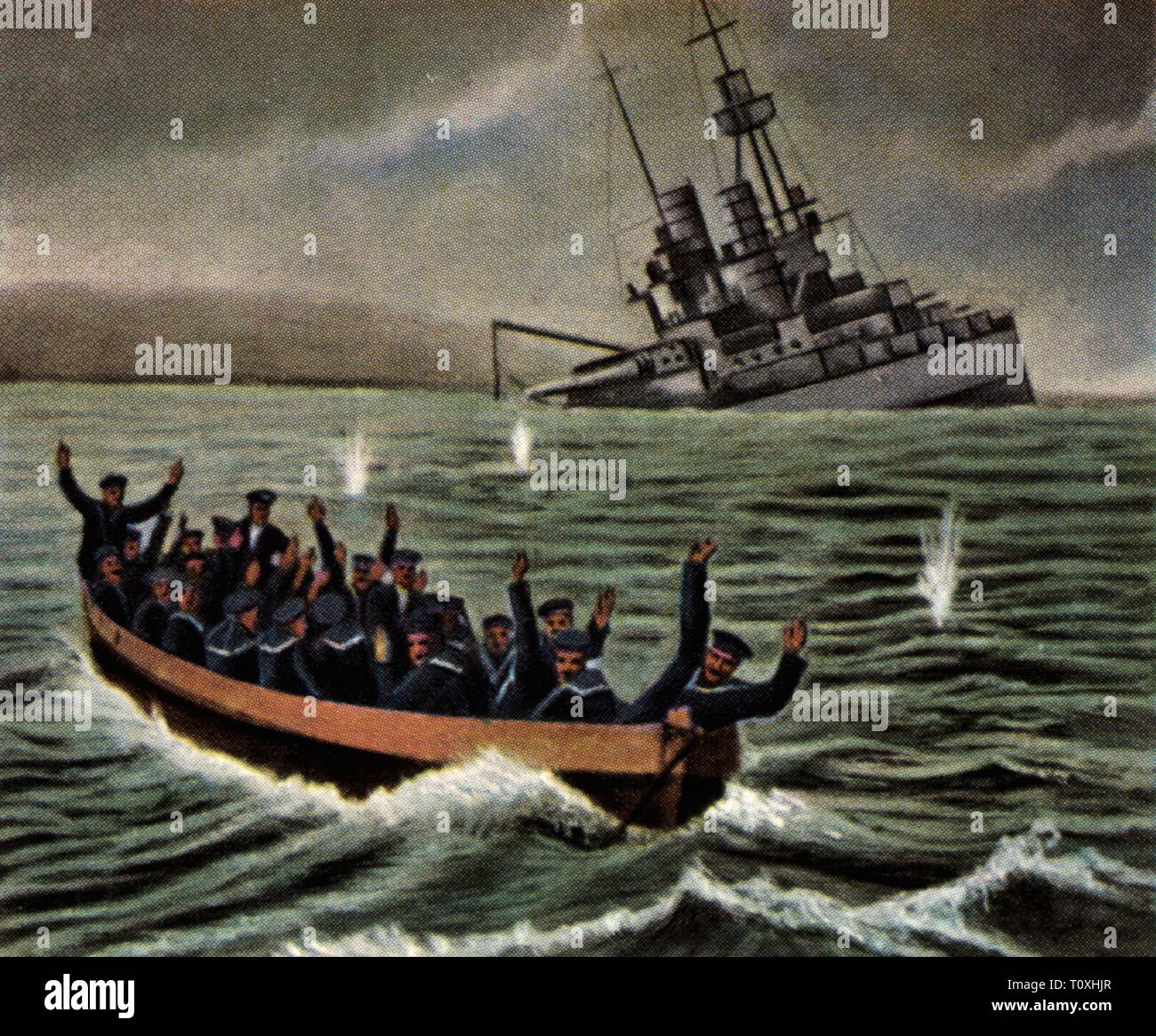 scuttling of the German high seas fleet at Scapa Flow, Orkney, 21.6.1919, sinking ship of the line SMS 'Bayern', coloured photograph, cigarette card, series 'Die Nachkriegszeit', 1935, Imperial fleet, German Navy, military, sinkings, founder, foundering, sinking, warship, warships, sailor, seaman, sailors, seamen, jubilate, jubilating, Germany, Great Britain, United Kingdom, Scotland, people, 1910s, 20th century, 1930s, high seas fleet, deep-sea fleet, coloured, colored, post war period, post-war period, post-war years, post-war era, historic, hi, Additional-Rights-Clearance-Info-Not-Available Stock Photo