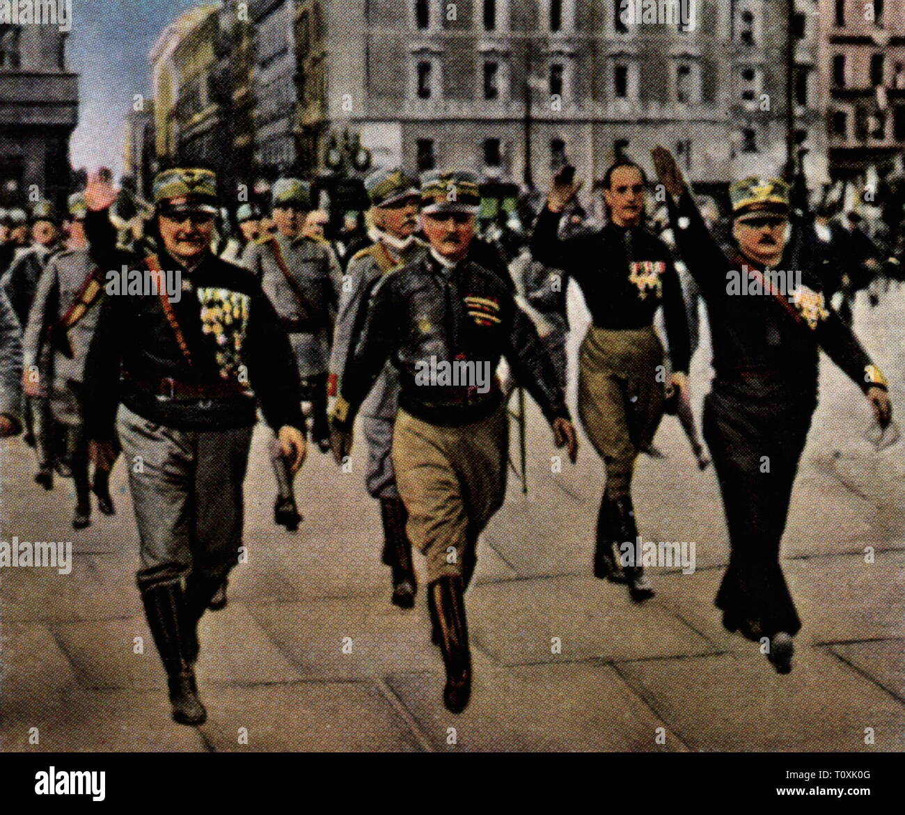 March of the Fascists on Rome, 27.10. - 31.10.1922, coloured photograph, cigarette card, series 'Die Nachkriegszeit', 1935, Marcia su Roma, politics, policy, coming inpower, seizure of power, putsch, coup, revolt, fascism, Kingdom of Italy, people, 1920s, 20th century, march, marches, fascist, fascists, coloured, colored, post war period, post-war period, post-war years, post-war era, historic, historical, Additional-Rights-Clearance-Info-Not-Available Stock Photo