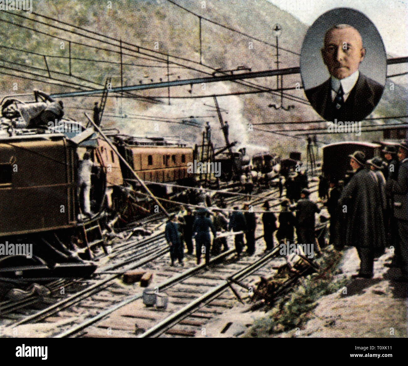 transport / transportation, railway, disasters, railway accident of Bellinzona, death of Karl Helfferich, 23.4.1924, coloured photograph, cigarette card, series 'Die Nachkriegszeit', 1935, portrait, railway accident, railway accidents, accident, accidents, collision, collisions, freight depot San Paolo, Canton of Ticino, Switzerland, people, 1920s, 20th century, transport, transportation, railway, railroad, railways, railroads, disaster, disasters, coloured, colored, post war period, post-war period, post-war years, post-war era, historic, histor, Additional-Rights-Clearance-Info-Not-Available Stock Photo
