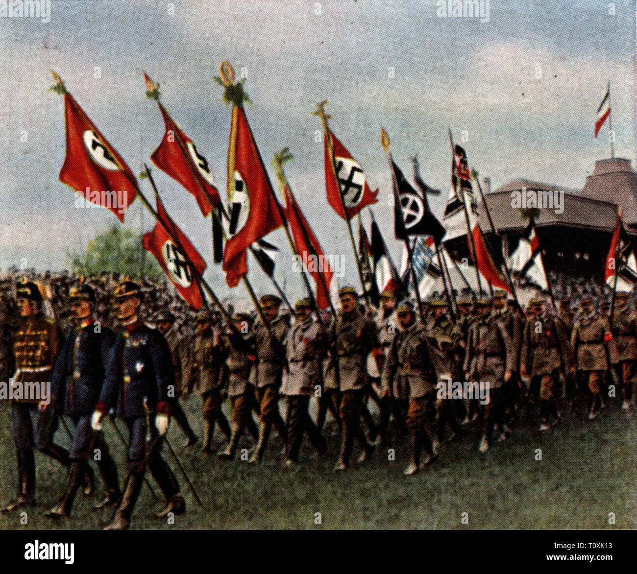 politics, political event, Deutscher Tag (German Day), Halle, 11.5.1924, procession of the flags of the national associations, coloured photograph, cigarette card, series 'Die Nachkriegszeit', 1935, National Socialists, NSDAP, Racial, Stahlhelm, right wing extremist, assembly, people, German Reich, Weimar Republic, Germany, 1920s, 20th century, politics, policy, event, events, day, days, procession, parade, processions, parades, flags, flag, association, associations, coloured, colored, post war period, post-war period, post-war years, post-war e, Additional-Rights-Clearance-Info-Not-Available Stock Photo