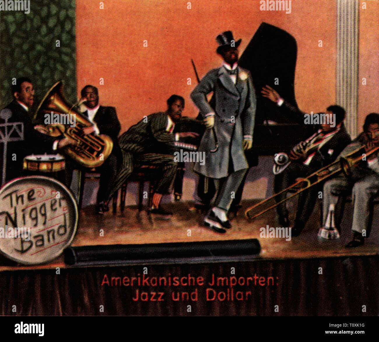 music, coloured jazz band, 'American importations: Dollar and Jazz', early 1925, coloured photograph, cigarette card, series 'Die Nachkriegszeit', 1935, musician, musicians, vocalist, vocalists, African-American, African-Americans, people, Germany, German Reich, Weimar Republic, 1920s, 20th century, band, bands, importations, imports, import, dollar, dollars, coloured, colored, post war period, post-war period, post-war years, post-war era, historic, historical, Additional-Rights-Clearance-Info-Not-Available Stock Photo