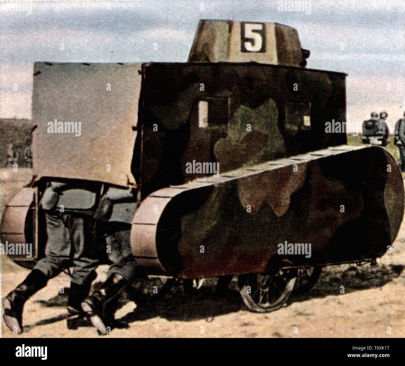 military, Germany, army, drill with a wooden dummy tank, 1927, coloured photograph, cigarette card, series 'Die Nachkriegszeit', 1935, armament restriction, Treaty of Versailles, tank, panzer, tanks, dummy, dummies, exercises, exercise, training, Reichswehr, soldiers, soldier, armed forces, Germany, German Reich, Weimar Republic, people, 1920s, 20th century, army, armies, coloured, colored, post war period, post-war period, post-war years, post-war era, historic, historical, Additional-Rights-Clearance-Info-Not-Available Stock Photo