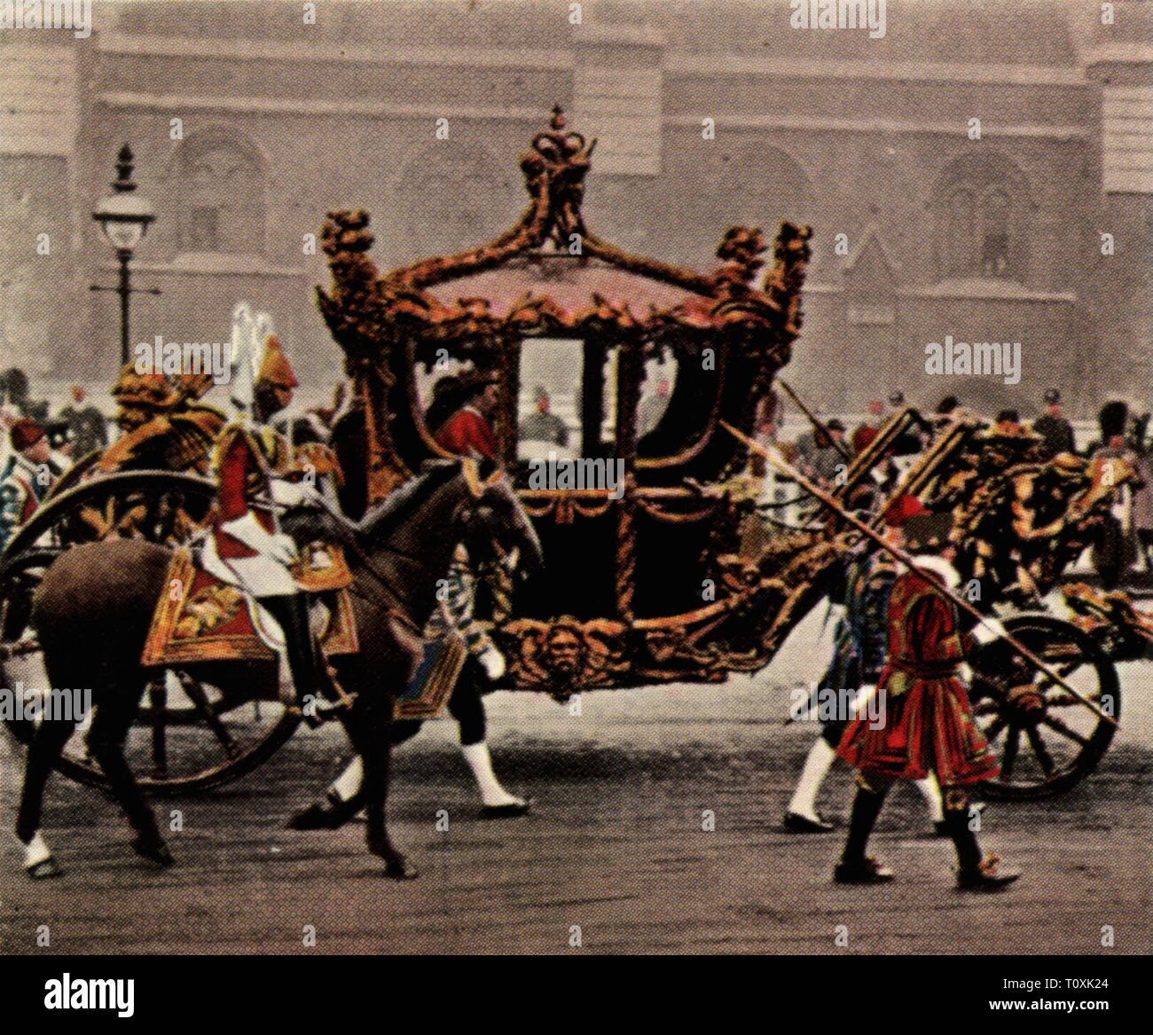 politics, parliament, Great Britain, opening, the British royal couple on the way to the opening of the English parliament, London, 4.2.1926, coloured photograph, cigarette card, series 'Die Nachkriegszeit', 1935, House of Windsor, parliamentary monarchy, ceremony, ceremonies, carriages, state coaches, state coach, state carriage, Great Britain, United Kingdom, people, 1920s, 20th century, politics, policy, way, ways, opening, openings, parliament, parliaments, coloured, colored, post war period, post-war period, post-war years, post-war era, his, Additional-Rights-Clearance-Info-Not-Available Stock Photo