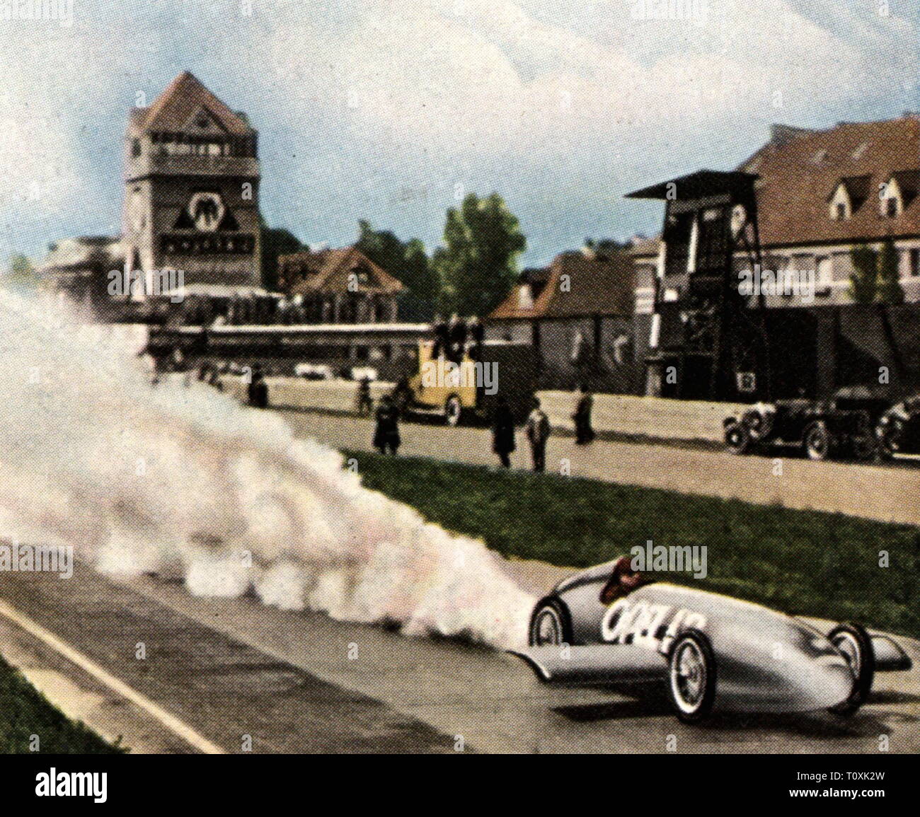 transport / transportation, cars, high-speed vehicles, high-speed world record by Fritz von Opel with the rocket car Opel RAK2, Avus, Berlin, 23.5.1928, coloured photograph, cigarette card, series 'Die Nachkriegszeit', 1935, speed record, world record, world records, speed, motorway, expressway, motorways, highway, rocket propulsion, technics, technology, technologies, Germany, German Reich, Weimar Republic, people, 1920s, 20th century, transport, transportation, cars, car, coloured, colored, post war period, post-war period, post-war years, post, Additional-Rights-Clearance-Info-Not-Available Stock Photo