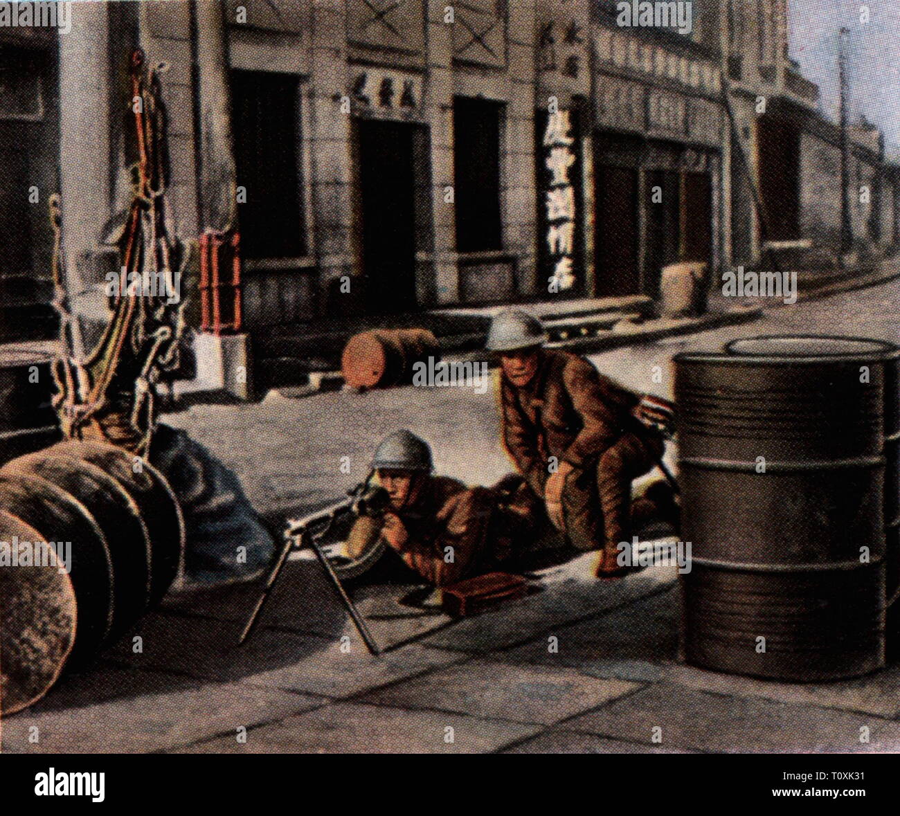 Chinese Civil War 1927 - 1949, Jinan incident, 3.5.1928, troops of the Kuomintang in combat with the Japanese, coloured photograph, cigarette card, series 'Die Nachkriegszeit', 1935, Jinan, Tsinan, incidents, Tsinan incident, machine gun, machine guns, machine-gun, encounter, encounters, Guomindang, nationalist, nationalists, war, wars, military, armed forces, army, armies, soldiers, soldier, Republic of China, people, 1920s, 20th century, combat, combats, coloured, colored, post war period, post-war period, post-war years, post-war era, historic, Additional-Rights-Clearance-Info-Not-Available Stock Photo